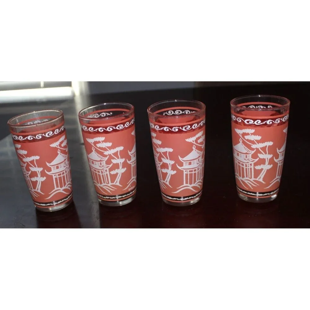 Vintage Hazel Atlas Coral Pink Pagoda Glass Ice Bucket Bowl 5